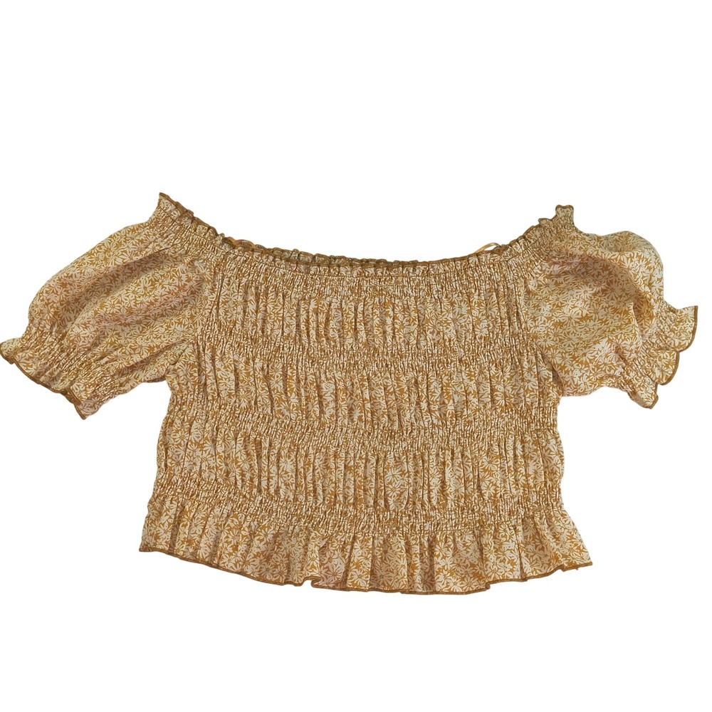 Endless Blu Smocked Off-Shoulder Floral Crop Top‎ • Boho Summer Bardot Blouse L